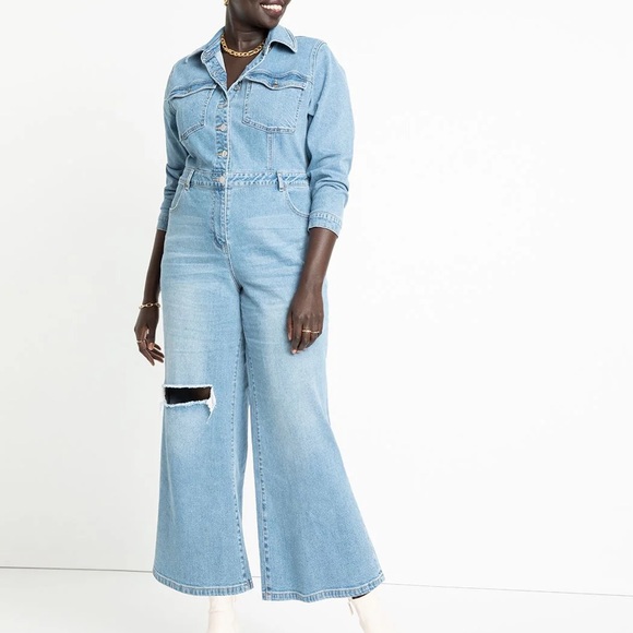 Eloquii Wide-Leg Denim Jumpsuit - Picture 1 of 11